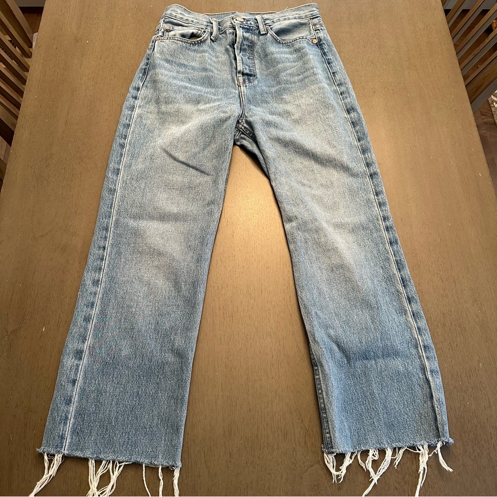 NOEND Denim Mom’s Straight Button Fly Hi-Rise Distressed Hem Blue Jeans Size 27